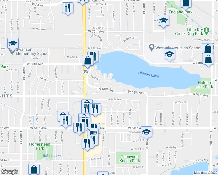 map of restaurants, bars, coffee shops, grocery stores, and more near 4883 West 68th Avenue in Westminster
