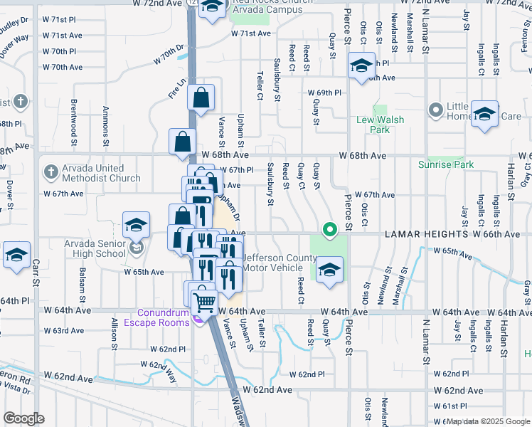 map of restaurants, bars, coffee shops, grocery stores, and more near 6656 Reed Court in Arvada