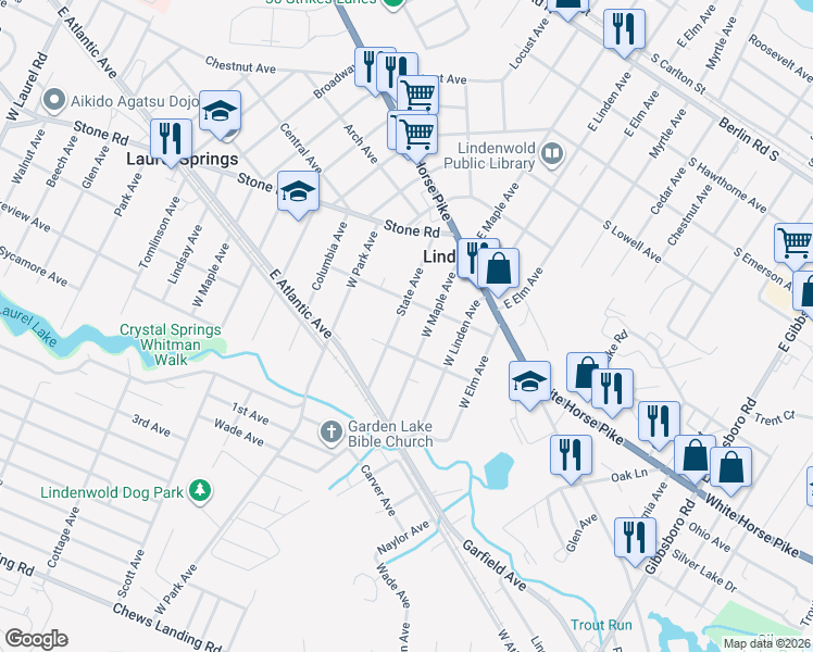 map of restaurants, bars, coffee shops, grocery stores, and more near 120 State Avenue in Lindenwold