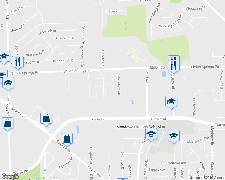 map of restaurants, bars, coffee shops, grocery stores, and more near 1104 Appletree Drive in Trotwood