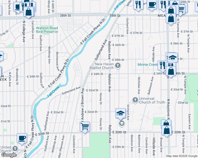 map of restaurants, bars, coffee shops, grocery stores, and more near 3350 Hovey Street in Indianapolis