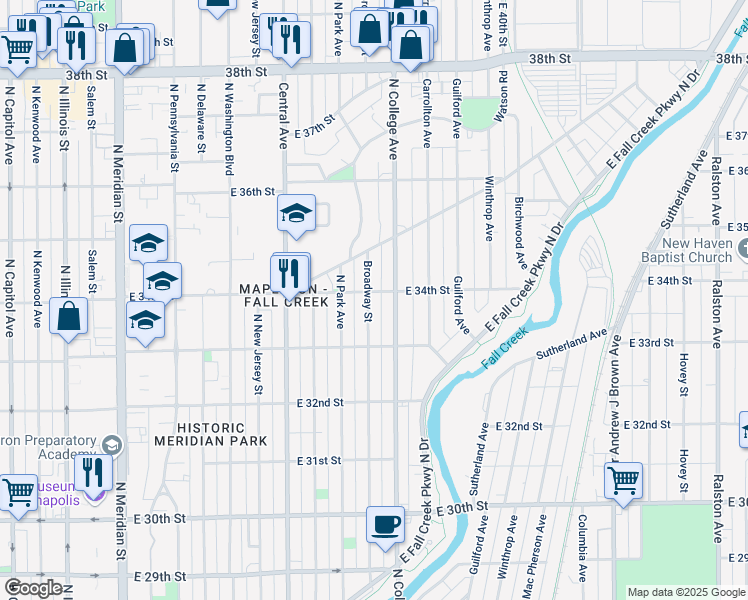 map of restaurants, bars, coffee shops, grocery stores, and more near 3370 Broadway Street in Indianapolis