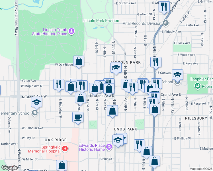 map of restaurants, bars, coffee shops, grocery stores, and more near 1244 North 4th Street in Springfield