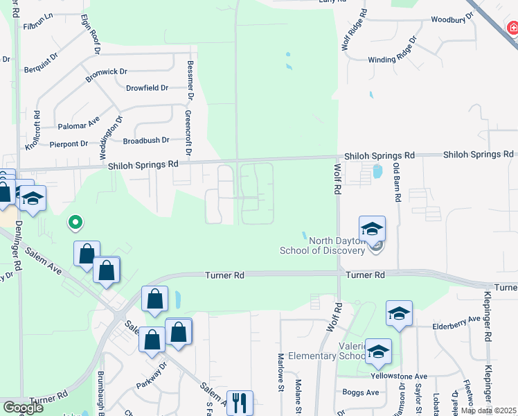map of restaurants, bars, coffee shops, grocery stores, and more near 2500 Orchard Drive in Trotwood