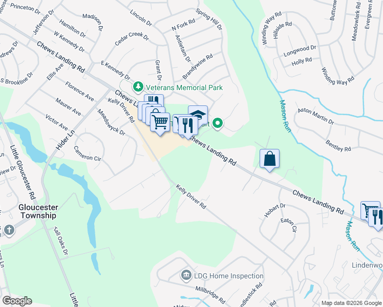 map of restaurants, bars, coffee shops, grocery stores, and more near 1110 Chews Landing Road in Laurel Springs