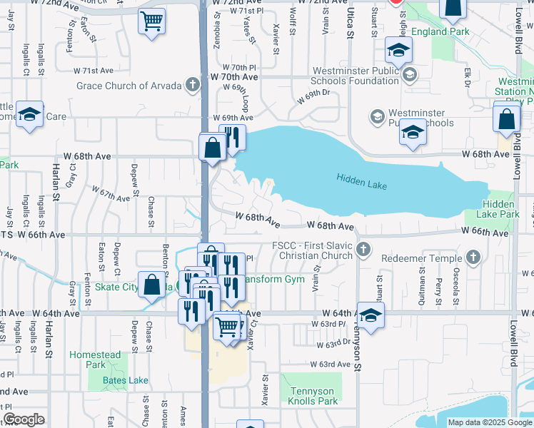 map of restaurants, bars, coffee shops, grocery stores, and more near 4883 West 68th Avenue in Westminster