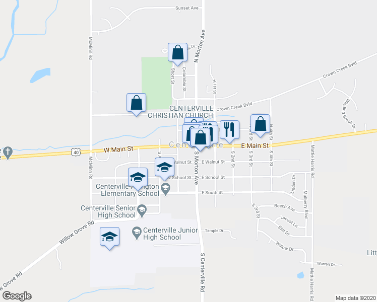 map of restaurants, bars, coffee shops, grocery stores, and more near 121 West Main Street in Centerville