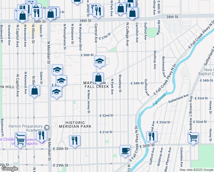 map of restaurants, bars, coffee shops, grocery stores, and more near 3359 Ruckle Street in Indianapolis