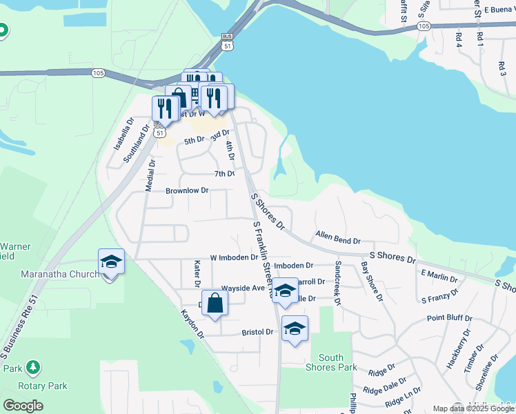 map of restaurants, bars, coffee shops, grocery stores, and more near 1-23 South Shores Drive in Decatur
