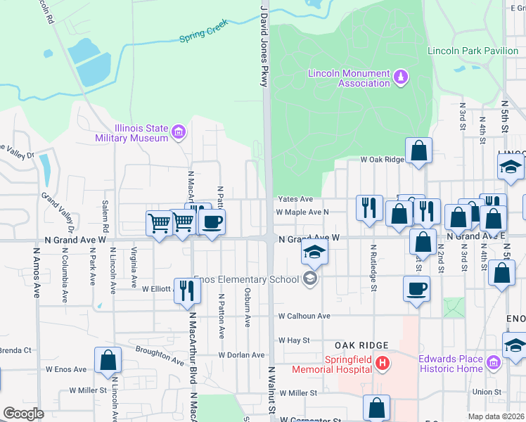 map of restaurants, bars, coffee shops, grocery stores, and more near 1220 North Poole Avenue in Springfield