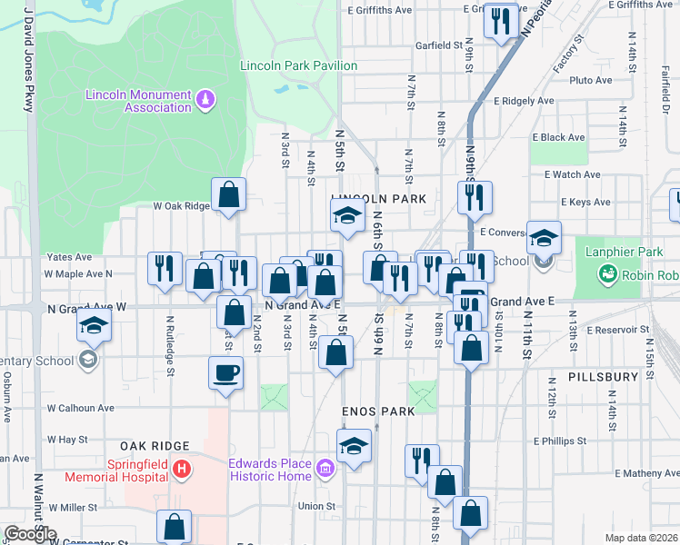 map of restaurants, bars, coffee shops, grocery stores, and more near 599 Mc Clernand Avenue in Springfield