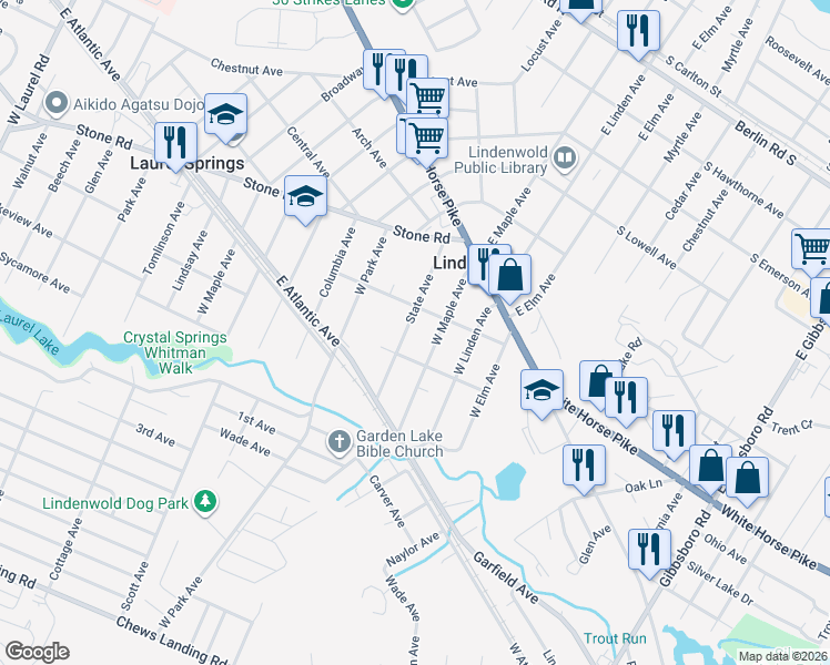 map of restaurants, bars, coffee shops, grocery stores, and more near 120 State Avenue in Lindenwold