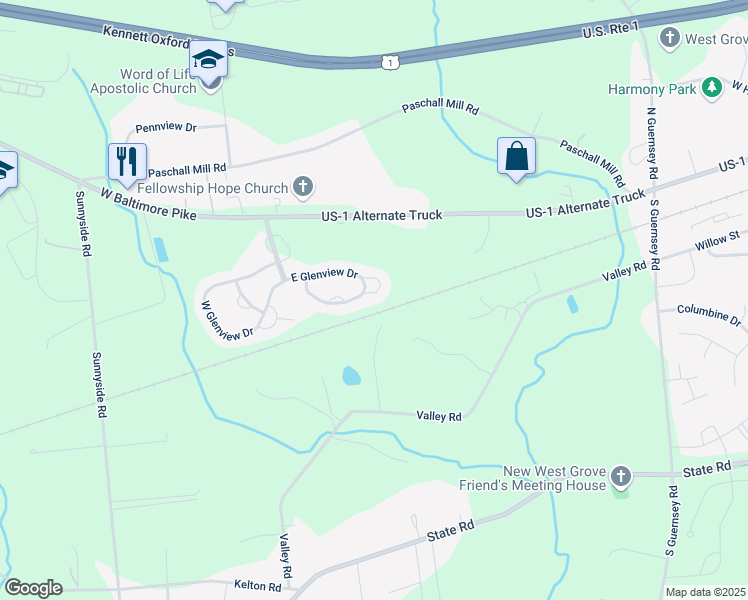 map of restaurants, bars, coffee shops, grocery stores, and more near 519 Westview Court in West Grove