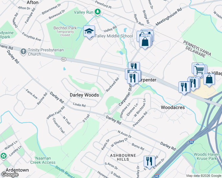 map of restaurants, bars, coffee shops, grocery stores, and more near 910 Rockwell Road in Wilmington