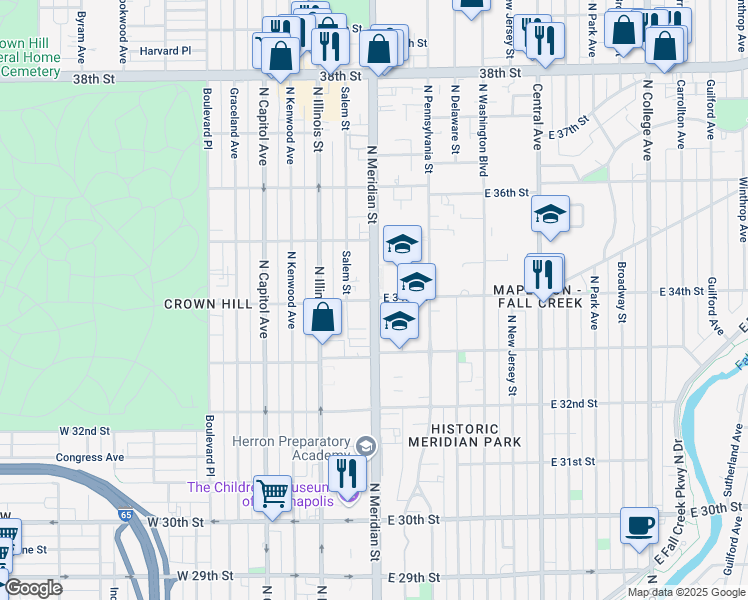 map of restaurants, bars, coffee shops, grocery stores, and more near 3401 North Meridian Street in Indianapolis