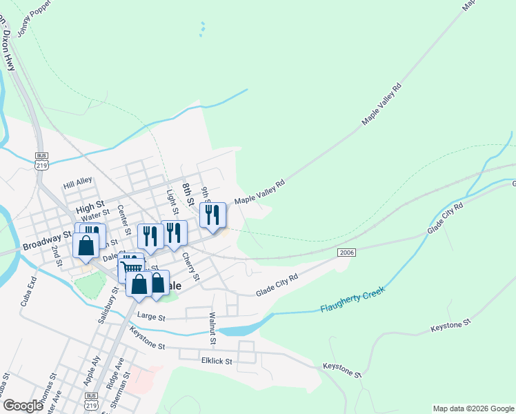 map of restaurants, bars, coffee shops, grocery stores, and more near 135 Maple Valley Road in Meyersdale