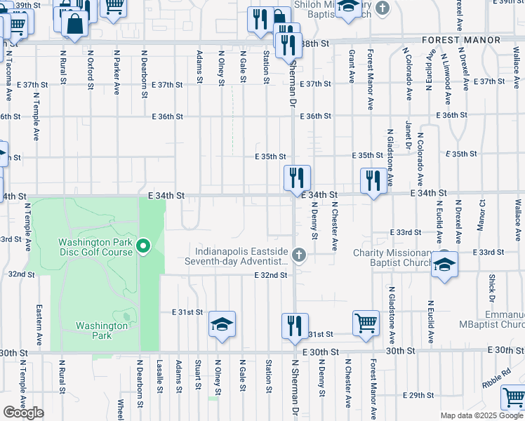 map of restaurants, bars, coffee shops, grocery stores, and more near 3374 Station Street in Indianapolis
