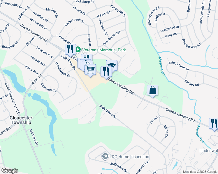 map of restaurants, bars, coffee shops, grocery stores, and more near 1110 Chews Landing Road in Clementon
