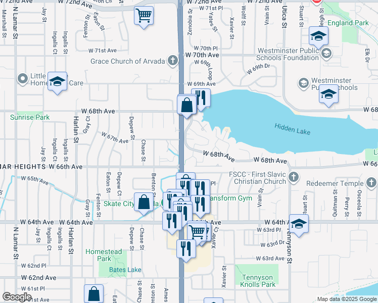 map of restaurants, bars, coffee shops, grocery stores, and more near 5136 West 68th Avenue in Westminster