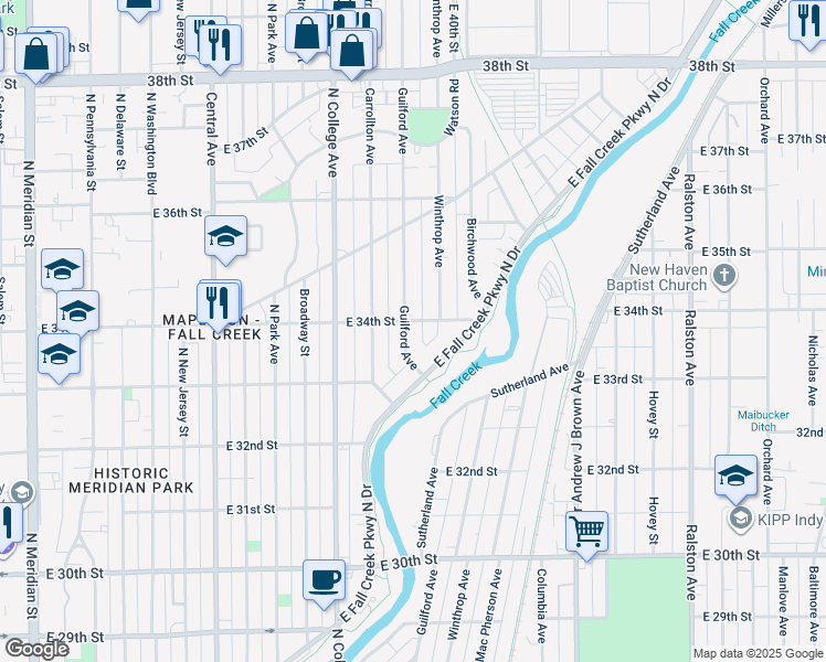 map of restaurants, bars, coffee shops, grocery stores, and more near 3351 Guilford Avenue in Indianapolis
