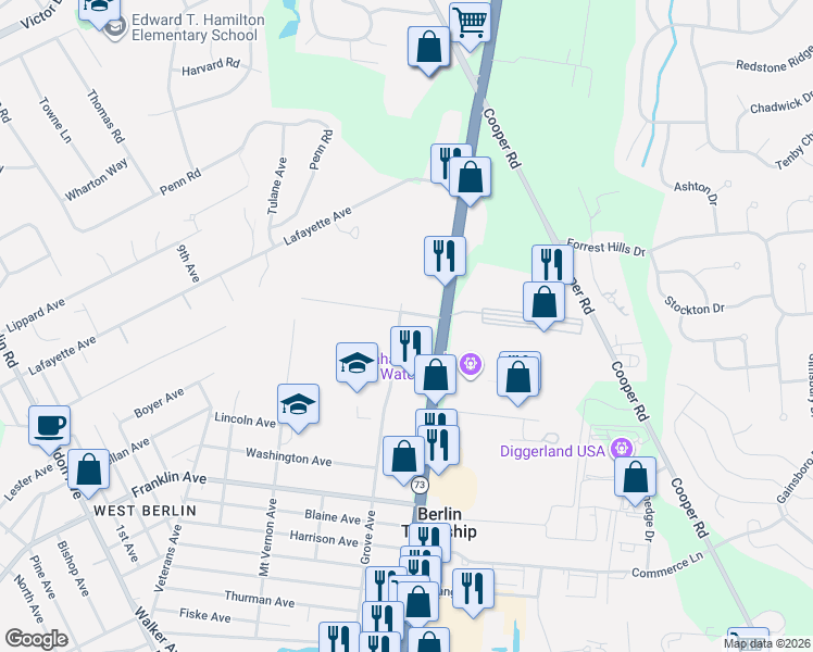 map of restaurants, bars, coffee shops, grocery stores, and more near 312 Grove Avenue in West Berlin