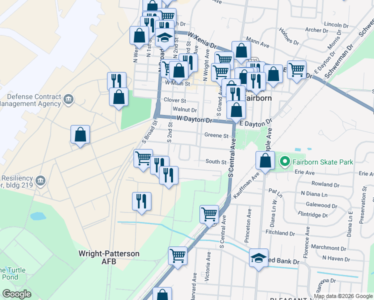 map of restaurants, bars, coffee shops, grocery stores, and more near 309 Arms Drive in Fairborn