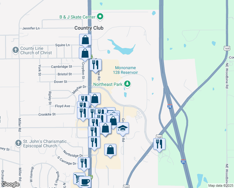 map of restaurants, bars, coffee shops, grocery stores, and more near 3500 North Village Drive in Saint Joseph