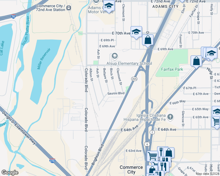 map of restaurants, bars, coffee shops, grocery stores, and more near 6660 Bellaire Street in Commerce City