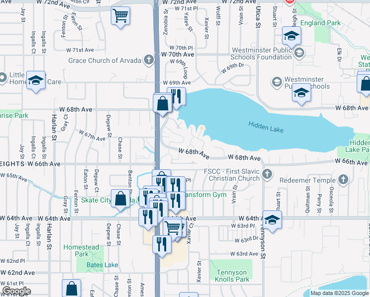 map of restaurants, bars, coffee shops, grocery stores, and more near 6889 Xavier Circle in Westminster