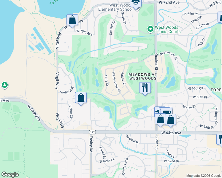 map of restaurants, bars, coffee shops, grocery stores, and more near 6691 Secrest Circle in Arvada