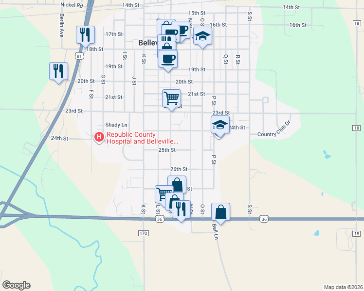 map of restaurants, bars, coffee shops, grocery stores, and more near 1301-1349 25th Street in Belleville