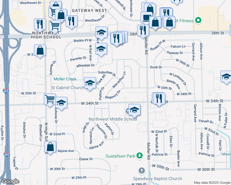 map of restaurants, bars, coffee shops, grocery stores, and more near 5632 Regency Drive in Indianapolis