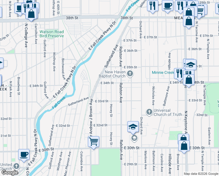 map of restaurants, bars, coffee shops, grocery stores, and more near 3350 Hovey Street in Indianapolis