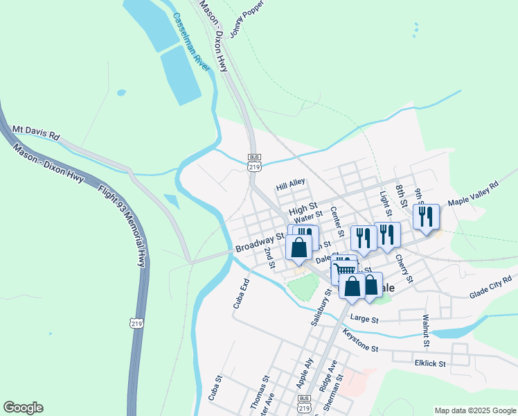 map of restaurants, bars, coffee shops, grocery stores, and more near 606 2nd Street in Meyersdale