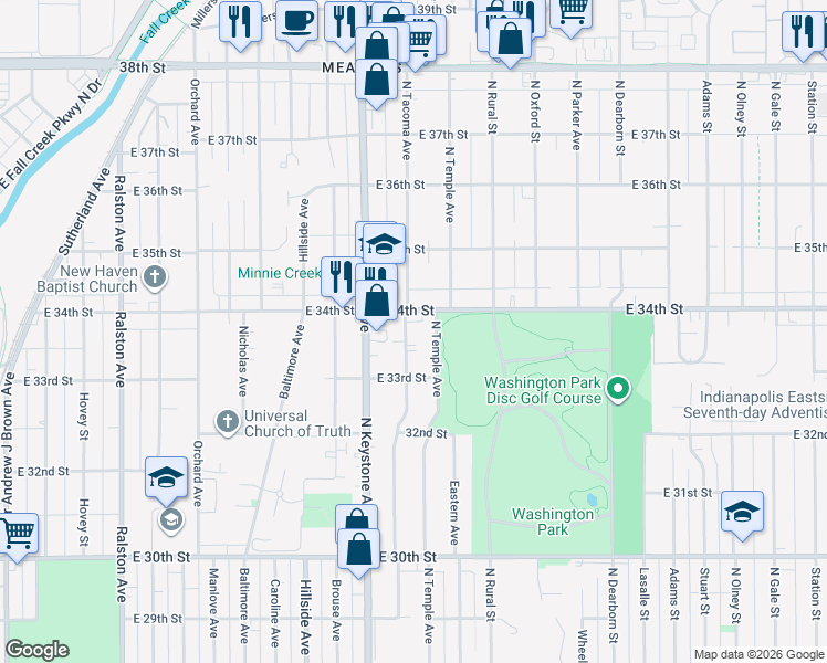map of restaurants, bars, coffee shops, grocery stores, and more near 3342 North Temple Avenue in Indianapolis