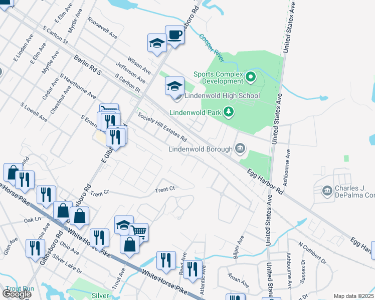 map of restaurants, bars, coffee shops, grocery stores, and more near 3005 Arborwood in Lindenwold