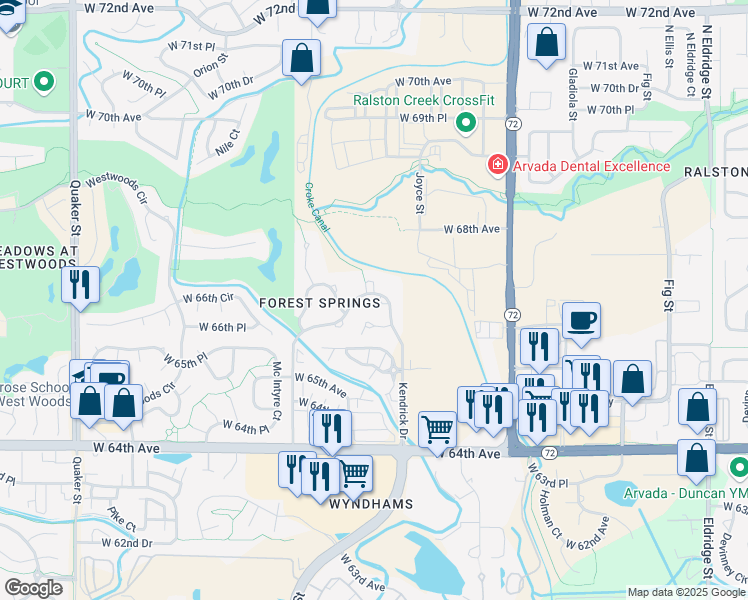 map of restaurants, bars, coffee shops, grocery stores, and more near 6689 Kendrick Drive in Arvada