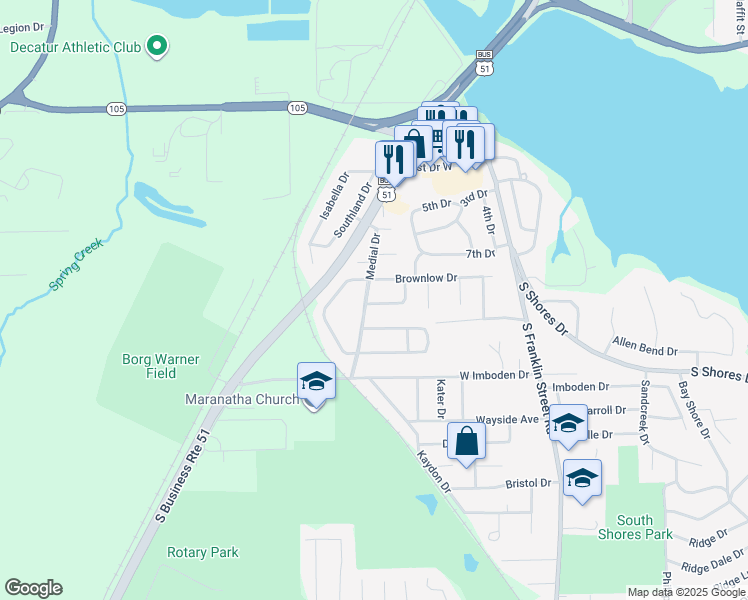 map of restaurants, bars, coffee shops, grocery stores, and more near 2 West Enlow Drive in Decatur