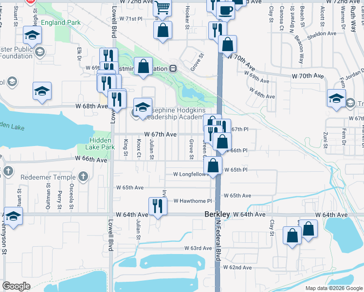 map of restaurants, bars, coffee shops, grocery stores, and more near 6656 Hooker Street in Denver