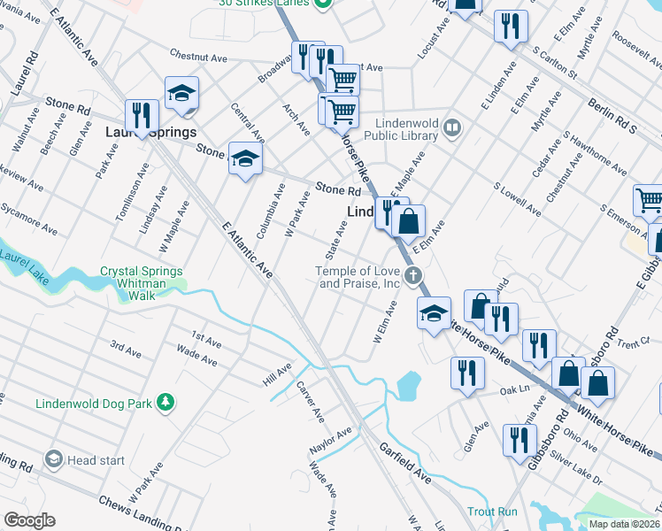 map of restaurants, bars, coffee shops, grocery stores, and more near 120 State Avenue in Lindenwold