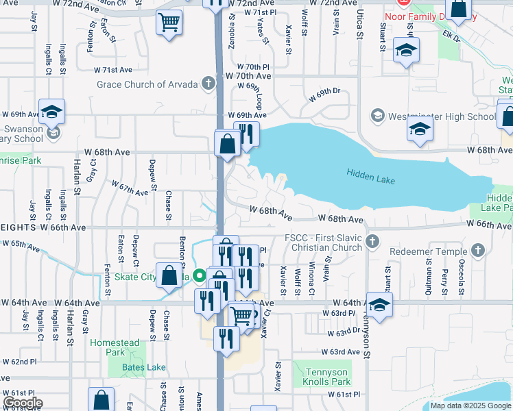 map of restaurants, bars, coffee shops, grocery stores, and more near 6889 Xavier Circle in Westminster