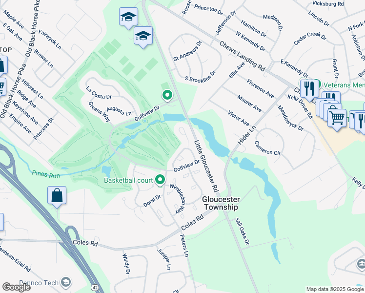 map of restaurants, bars, coffee shops, grocery stores, and more near 42 Pebble Lane in Camden County