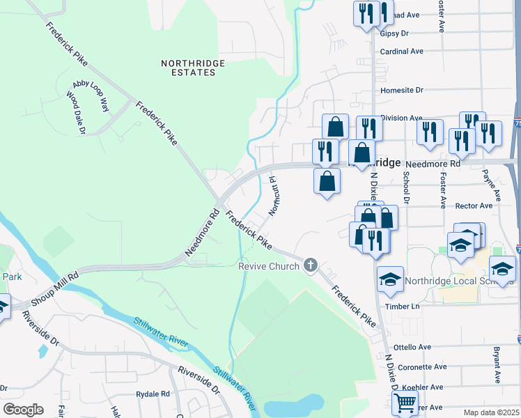 map of restaurants, bars, coffee shops, grocery stores, and more near 4949 Northcutt Place in Dayton