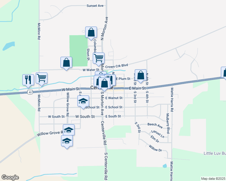 map of restaurants, bars, coffee shops, grocery stores, and more near 205 East Main Street in Centerville