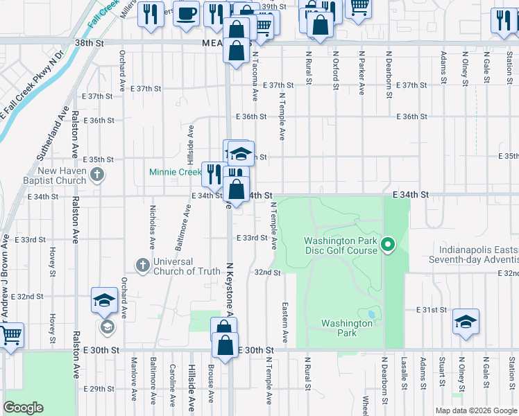 map of restaurants, bars, coffee shops, grocery stores, and more near 3342 North Temple Avenue in Indianapolis