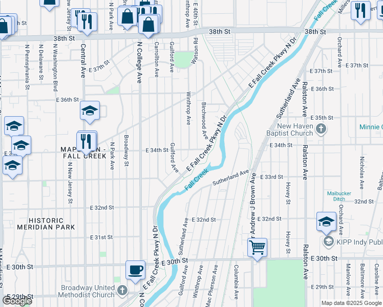 map of restaurants, bars, coffee shops, grocery stores, and more near 949 East 34th Street in Indianapolis