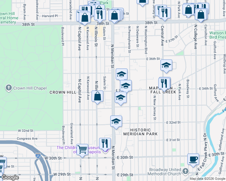 map of restaurants, bars, coffee shops, grocery stores, and more near in Indianapolis