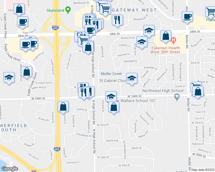 map of restaurants, bars, coffee shops, grocery stores, and more near 6117 Promenade Court in Indianapolis
