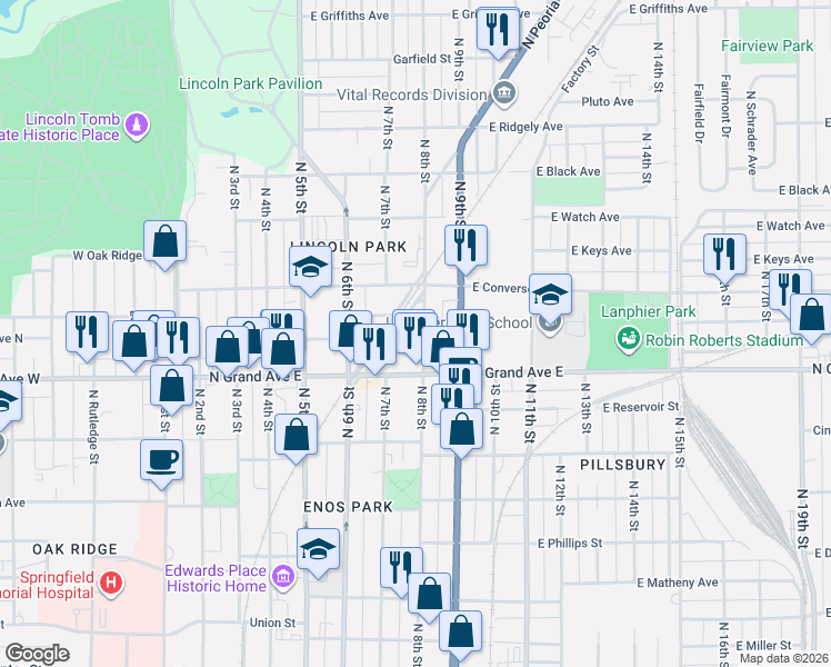 map of restaurants, bars, coffee shops, grocery stores, and more near 1232 A North 8th Street in Springfield
