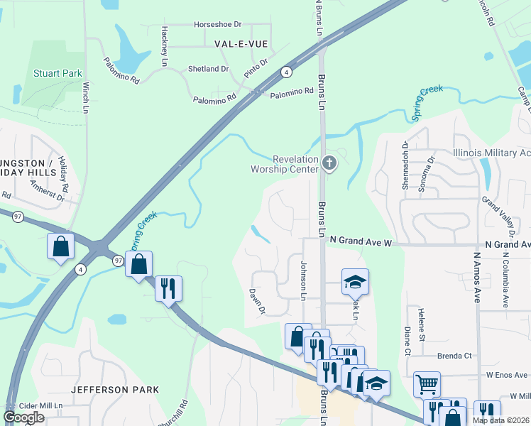 map of restaurants, bars, coffee shops, grocery stores, and more near 1349 Crestview Drive in Springfield